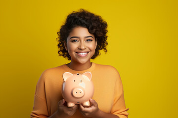Fototapeta na wymiar One happy young mixed race woman holding a piggybank and depositing a coin as savings, Hispanic woman budgeting her finances and investing money into her future, Saving funds for financial freedom