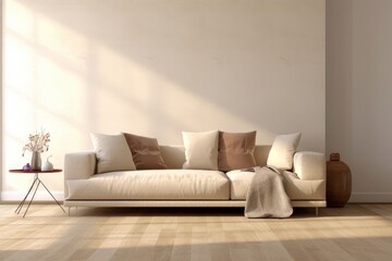 Cream suede leather sofa, brown cushion, blanket in sunlight on beige wall, parquet floor living room, kitchen dining room for interior design decoration, luxury living lifestyle product,Generative AI