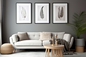 White sofa and posters, frames on gray wall. Interior design of modern living room. Generative AI