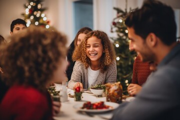 Family comes together, sharing love and joy during this festive Christmas celebration. Family having traditional Christmas dinner.