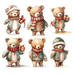 christmas teddy bears wearing winter cloths green jacket with christmas presents vectors