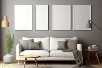Fototapeta na wymiar White sofa and posters, frames on gray wall. Interior design of modern living room. Generative AI