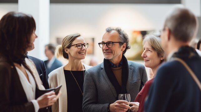 Group of people with glasses stand during an exhibition at the gallery.