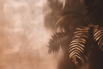 Close up of soft and beautiful foliage dappled light of tropical tree leaf shadow on grunge clay dark brown wall for luxury product display, interior design decoration background, Generative AI - obrazy, fototapety, plakaty