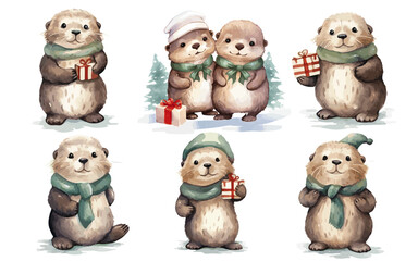 Christmas Sea Otters cute animals for Christmas watercolor vectors
