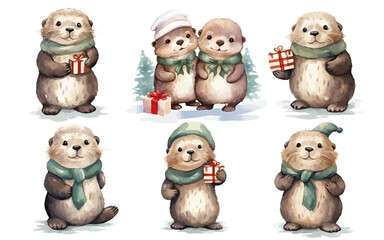 Fototapeta premium Christmas Sea Otters cute animals for Christmas watercolor vectors 