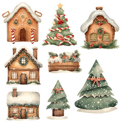 christmas tree and house watercolor vectors