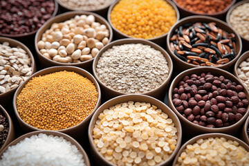 Assorted different types of beans and cereals grains. Set of indispensable sources of protein for a healthy lifestyle. Close-up. View from above.