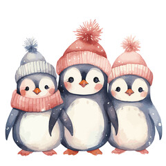 penguins in winter cloths watercolor vector © Tony