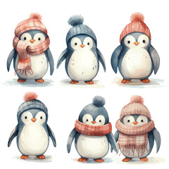 Christmas Penguins in winter cloths watercolor vectors