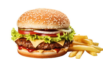 A tasty hamburger with fries, fast food isolated on transparent background.