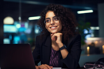 Fototapeta na wymiar Portrait of a Happy Middle Eastern Manager Sitting at a Desk in Creative Office, Stylish Female with Curly Hair Using Laptop Computer, Thinking About a Business Strategy in Marketing Agency at Night