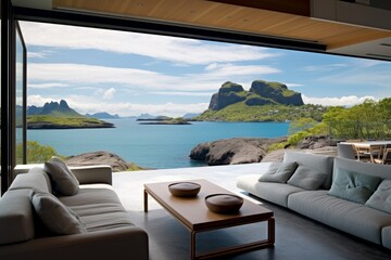 Fototapeta na wymiar Terrace in modern house with panoramic opened windows and stunning view to blue lagoon and rock. Generative AI