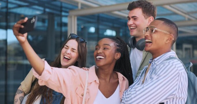 Students, friends and selfie at university, happy and diversity with smile for memory, post and web blog. Men, women and group with photography for profile picture, live streaming or social media app