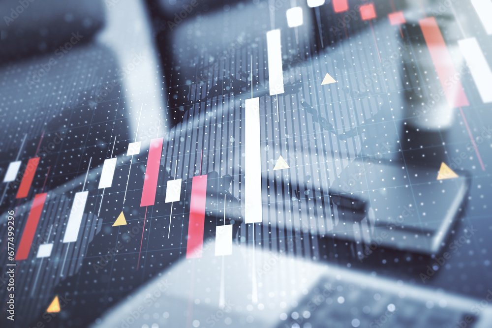Aufkleber multi exposure of abstract financial graph with world map on modern computer background, financial a