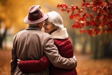 Fototapeta premium An elderly couple, a man and a woman, hugging in an autumn park. They look at each other with a loving gaze. Old people on a walk. Relationships in old age. Love and romance.