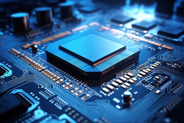 Fototapeta na wymiar A powerful computer processor or chip on a motherboard. Modern technologies. Blue background. Development of computer technologies.
