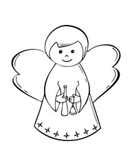 Christmas angel hand drawn contour drawing of child with bell and pipe in his hands.