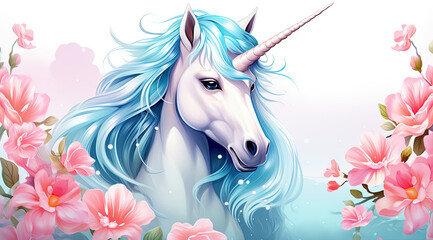 Obraz na płótnie Canvas unicorn with her rainbow mane, over white background with pink flowers