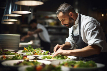 Portrait of Professional chef checks dish just before serving it to customer in restaurant