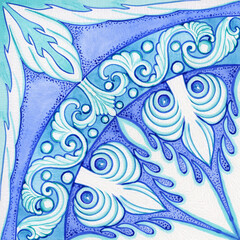 Majolica pattern. Sicilian hand drawn blue ornament. Traditional blue and white ceramic tiles. Portuguese traditional azulejo pattern. Moroccan style..