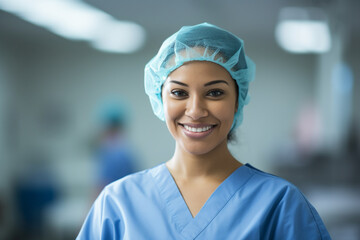 Portrait of smiling female surgical nurse wearing blue surgical cap and scrubs - obrazy, fototapety, plakaty