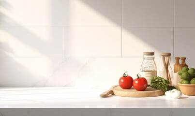 Clean, minimal white marble kitchen countertop with cooking ingredients, tomato, asparagus, bowl in morning sunlight on white square tile wall for cooking, food, drink,kitchenware product,GenerativeAI