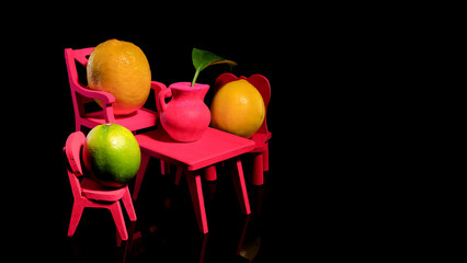 Composition with three lemons at the table on a black background