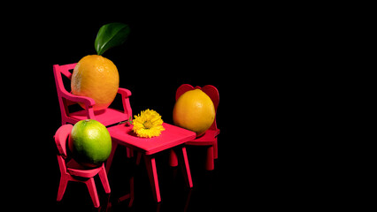 Composition with three lemons at the table on a black background