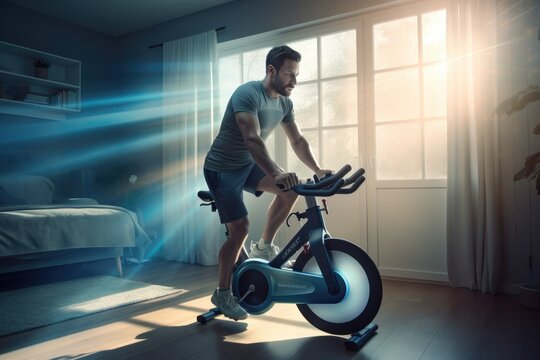 Man riding on exercise bike inside living room.