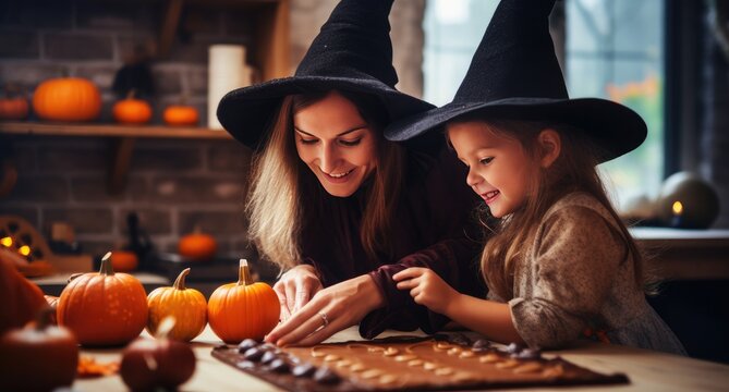 Mother and daughter together in halloween hat make cookies.