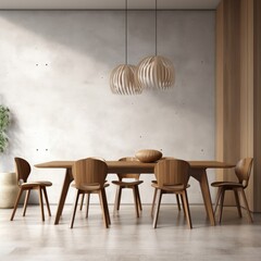 Interior of modern dining room, dining table and wooden chairs in room with concrete wall. Home design. 3d rendering, Generative AI