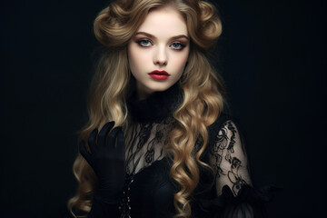 Portrait of young gorgeous woman with long wavy fair hair wearing black dress, long mesh gloves, silk printed kerchief