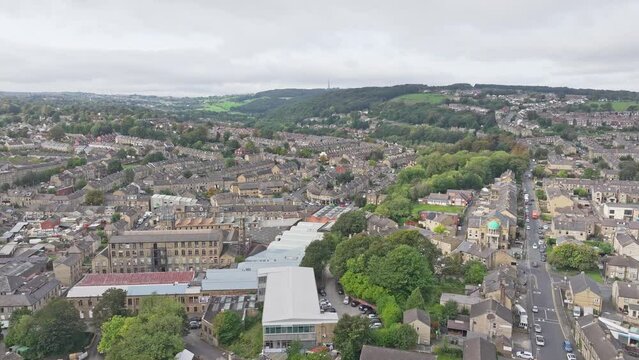 Urban sprawl of industrial and housing buildings of Huddersfield England