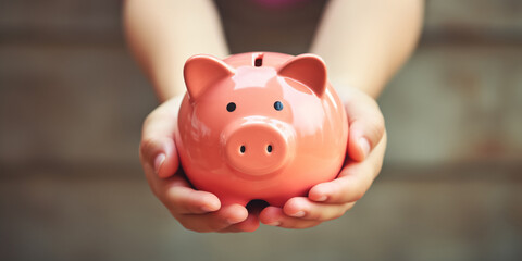 Kid hand holding pink piggy bank, saving money or finance concept - obrazy, fototapety, plakaty