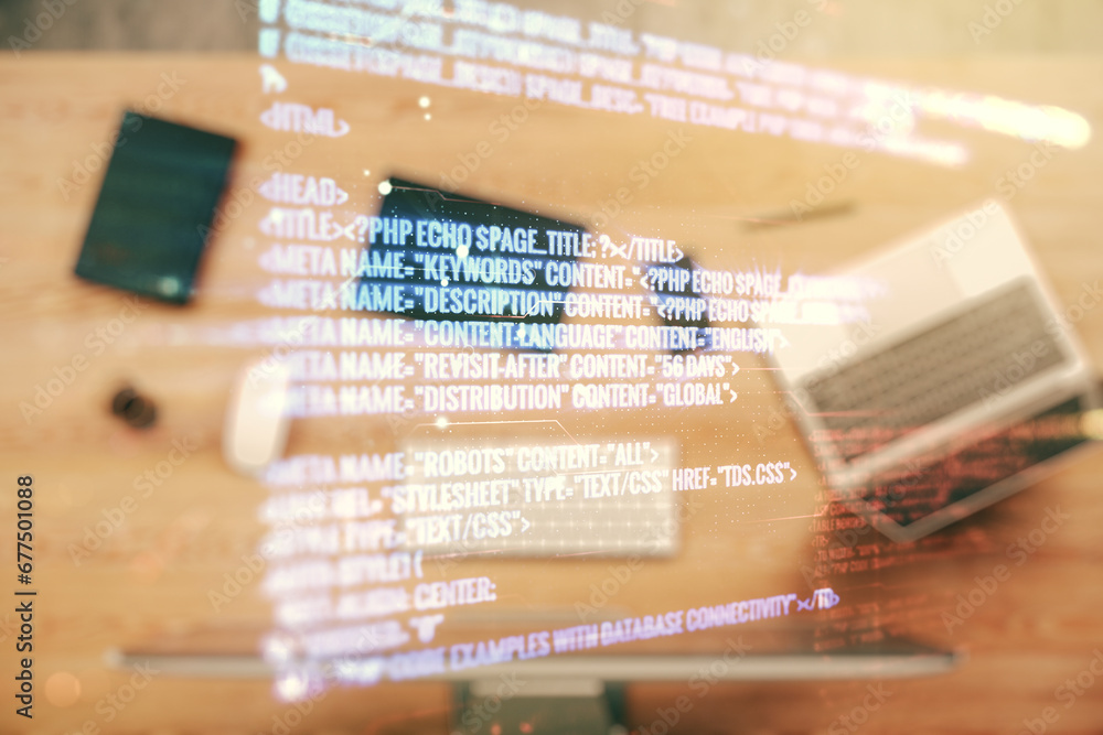 Leinwandbilder double exposure of abstract programming language on laptop background, research and development conc