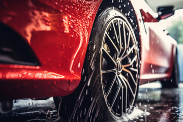 Red Sportscar's Wheels Covered in Shampoo Being Rubbed by a Soft Sponge at a Stylish Dealership Car Wash, Performance Vehicle Being Washed in a Detailing Studio - obrazy, fototapety, plakaty