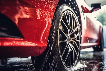 Foto op Plexiglas Red Sportscar's Wheels Covered in Shampoo Being Rubbed by a Soft Sponge at a Stylish Dealership Car Wash, Performance Vehicle Being Washed in a Detailing Studio © alisaaa