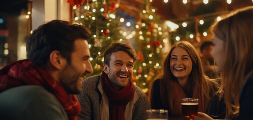 Fototapeta premium Christmas Cheer with Friends sharing drinks in a cozy bar adorned with Christmas decorations, capturing the essence of holiday togetherness and cheer.