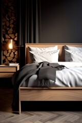 Close up wooden bed against black wall. Interior design of modern bedroom. Generative AI