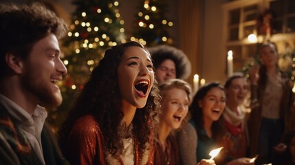 An family gathering of loved ones around a beautifully decorated Christmas tree, their faces illuminated by the soft glow of candles, embodying the warmth and joy of the holiday season.