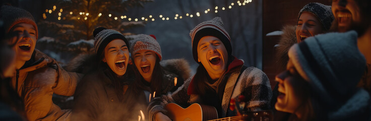 Friends enjoying a cozy winter gathering around a campfire, under the glow of string lights, in a snowy forest setting. - obrazy, fototapety, plakaty