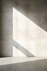 Beautiful sunlight cast shadow on blank weathered, grunge texture, clean concrete loft wall, cement floor for modern, minimal interior design, architecture, fashion, beauty, Generative AI