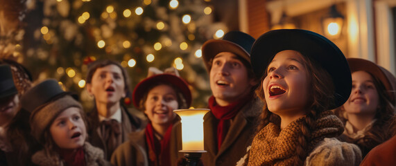 Carolers in Christmas Eve  holding candles, singing melodious Christmas carols in front of a beautifully adorned tree, encapsulating the spirit of Christmas.