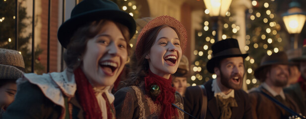 A nostalgic scene of Victorian-era Christmas carolers, spreading holiday cheer in front of a...