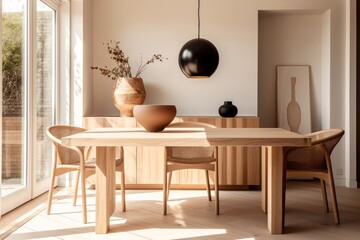 Chairs at wooden dining table. Interior design of modern dining room with natural wood furniture. Generative AI - obrazy, fototapety, plakaty