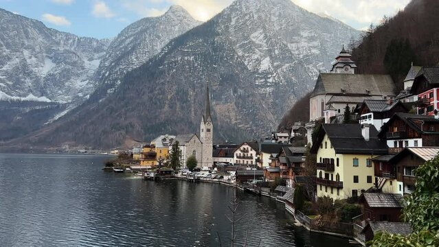Picturesque town Hallstatt Austria city at idyllic apine lake aerial