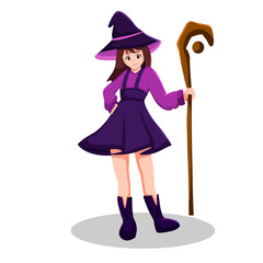 Cute Witch Holding A Magic Wand Illustration