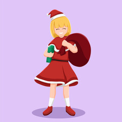 Cute Girl Carrying A Christmas Present And Gift Bag Illustration