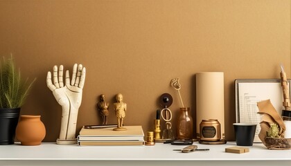 Vintage workspace with wooden hand. Creative desk, supplies. Mockup, Generative AI - obrazy, fototapety, plakaty